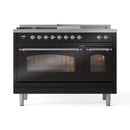 ILVE Nostalgie II 48-Inch Propane Gas Dual Fuel Range with 5 Burners, Griddle, & French Top with Triple Glass Door Oven in Glossy Black with Chrome Trim (UP48FSNMPBKCLP)