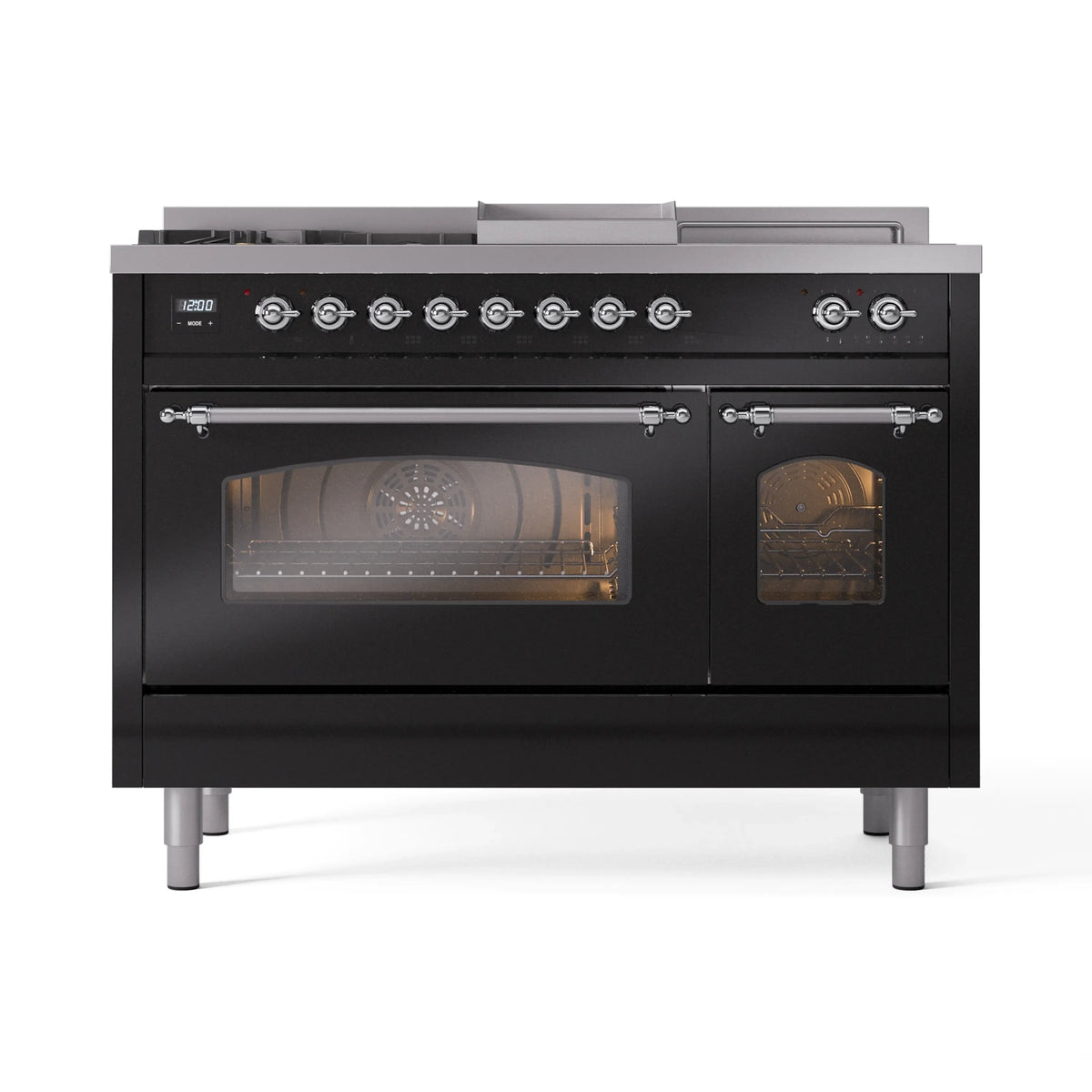 ILVE glossy black dual fuel range front view with burner control knobs