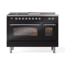 ILVE Nostalgie II 48-Inch Natural Gas Dual Fuel Range with 5 Burners, Griddle, & French Top with Triple Glass Door Oven in Glossy Black with Chrome Trim (UP48FSNMPBKC)