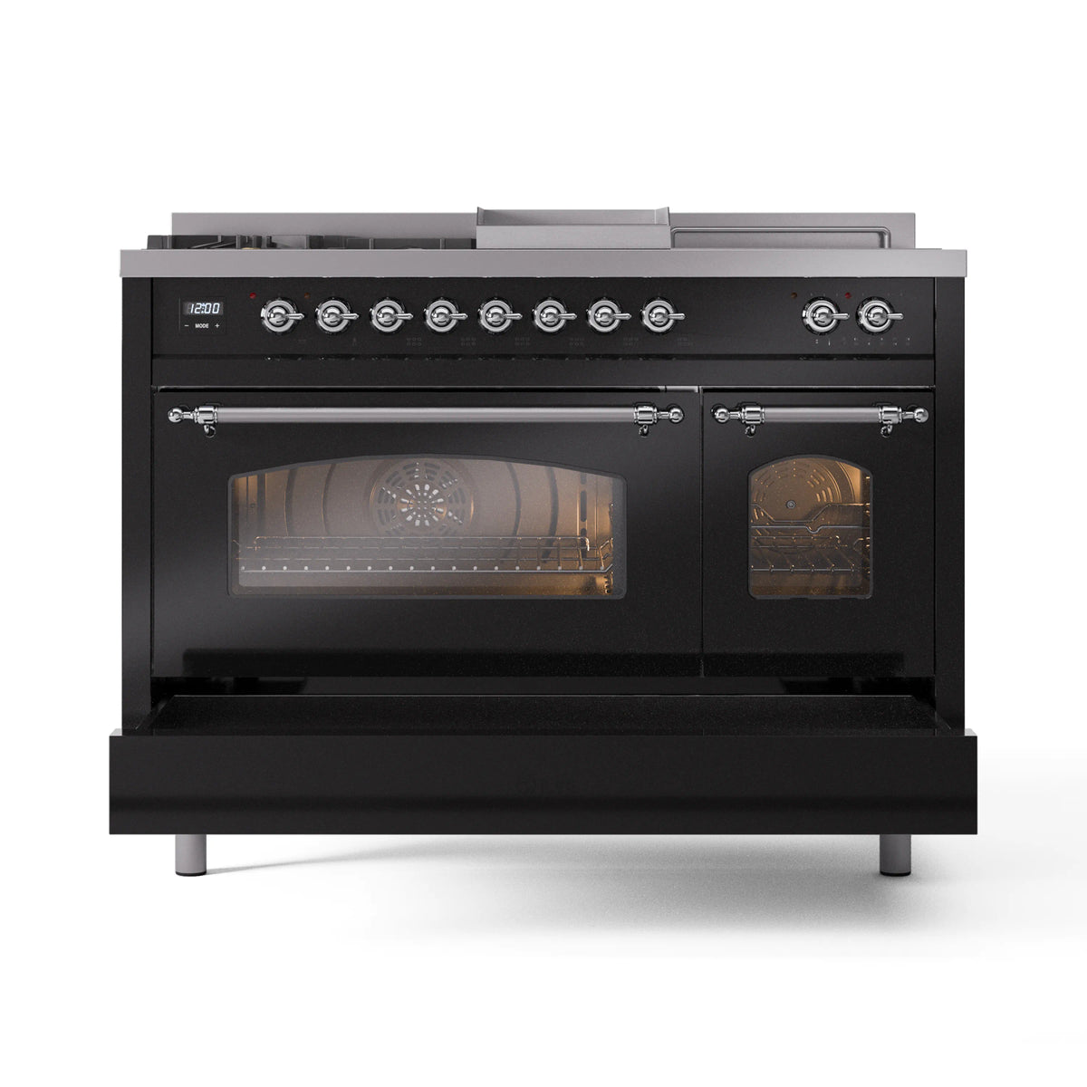 Glossy black range with ovens open; chrome knobs across the front panel