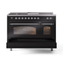 ILVE Nostalgie II 48-Inch Natural Gas Dual Fuel Range with 5 Burners, Griddle, & French Top with Triple Glass Door Oven in Glossy Black with Chrome Trim (UP48FSNMPBKC)