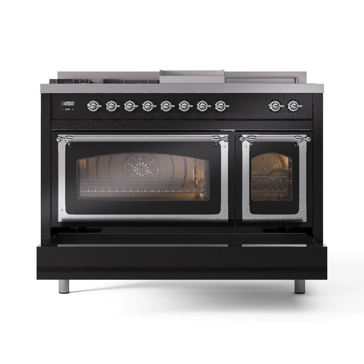 Glossy black dual fuel range with chrome-trimmed doors and lit double oven windows