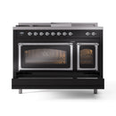 ILVE Nostalgie II Noblesse 48-Inch Propane Gas Dual Fuel Range with 5 Burners, Griddle, & French Top with Triple Glass Door Oven in Glossy Black with Chrome Trim (UN48FSNMPBKCLP)