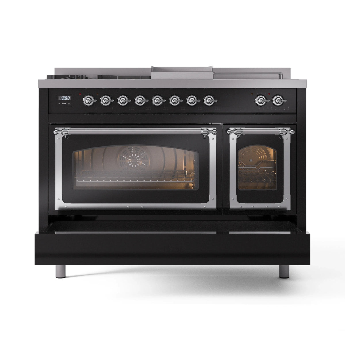 Glossy black dual fuel range front with two glass oven doors and burner knobs