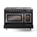 ILVE Nostalgie II Noblesse 48-Inch Natural Gas Dual Fuel Range with 5 Burners, Griddle, & French Top with Triple Glass Door Oven in Glossy Black with Chrome Trim (UN48FSNMPBKC)