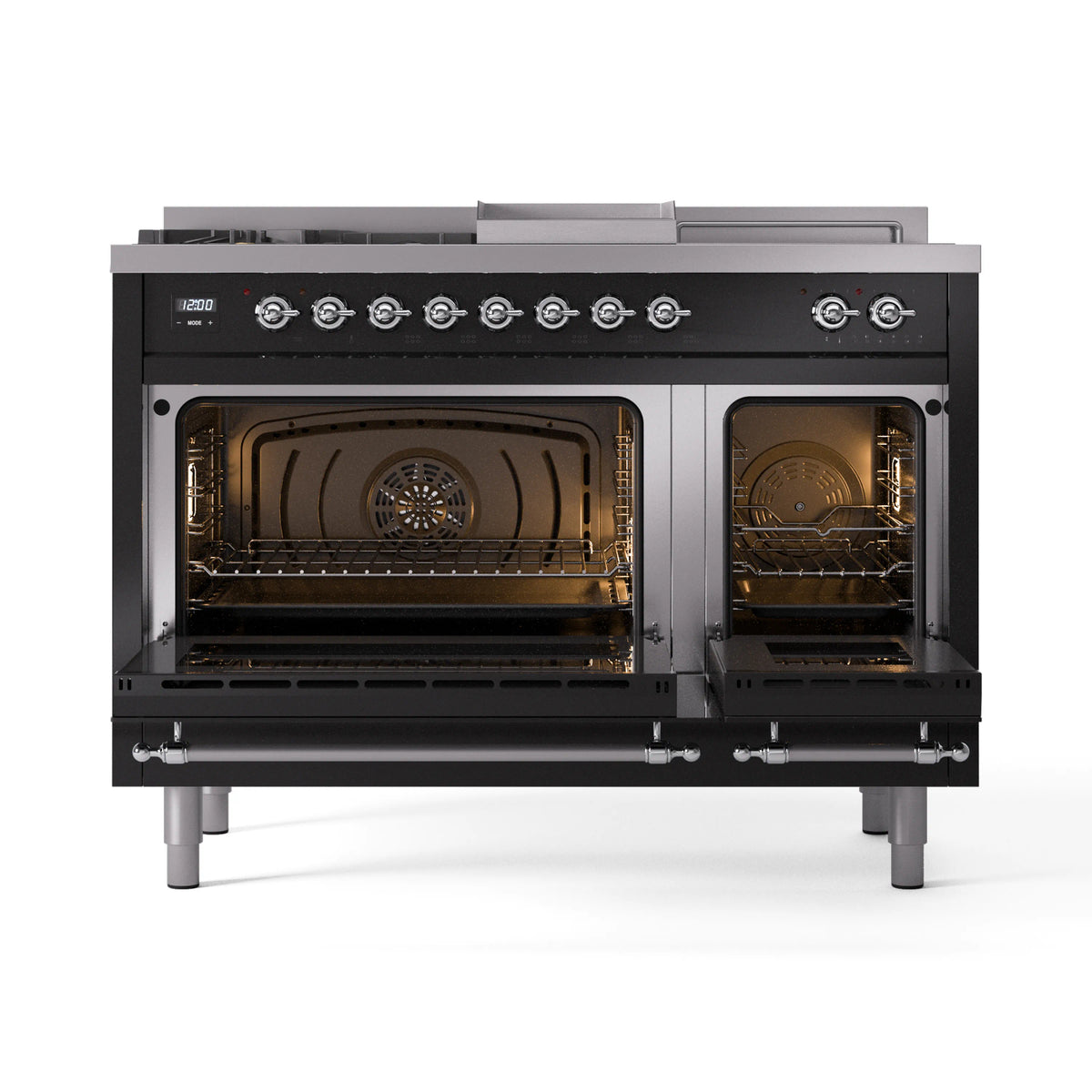 Glossy black dual-fuel range with open ovens, chrome knobs and handles