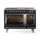 ILVE Nostalgie II 48-Inch Natural Gas Dual Fuel Range with 5 Burners, Griddle, & French Top with Triple Glass Door Oven in Glossy Black with Chrome Trim (UP48FSNMPBKC)