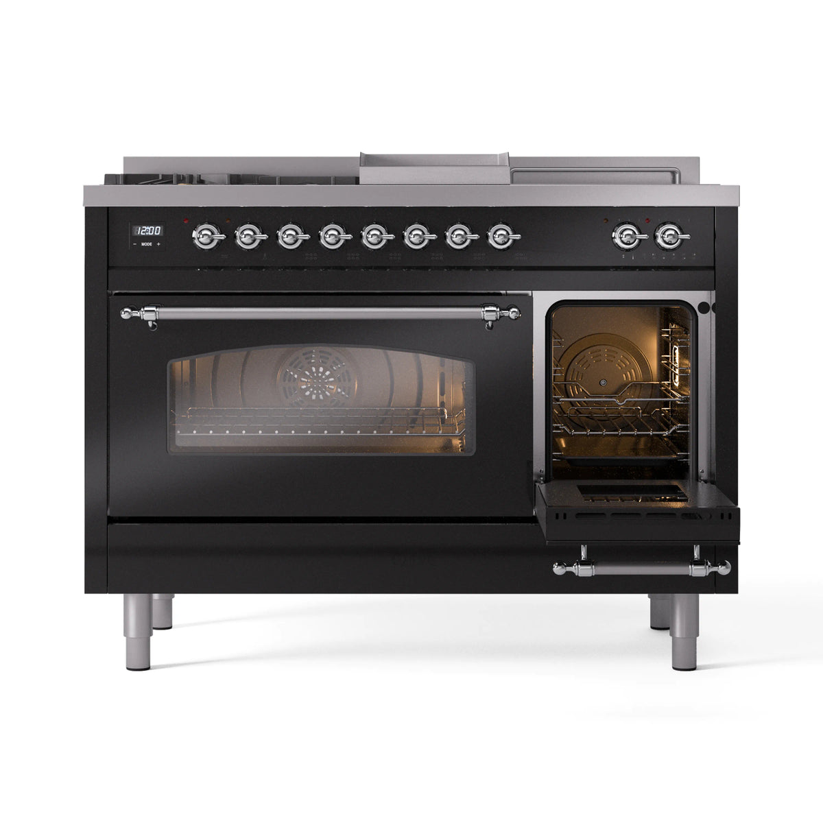 Glossy black range with glass oven doors open and chrome control knobs