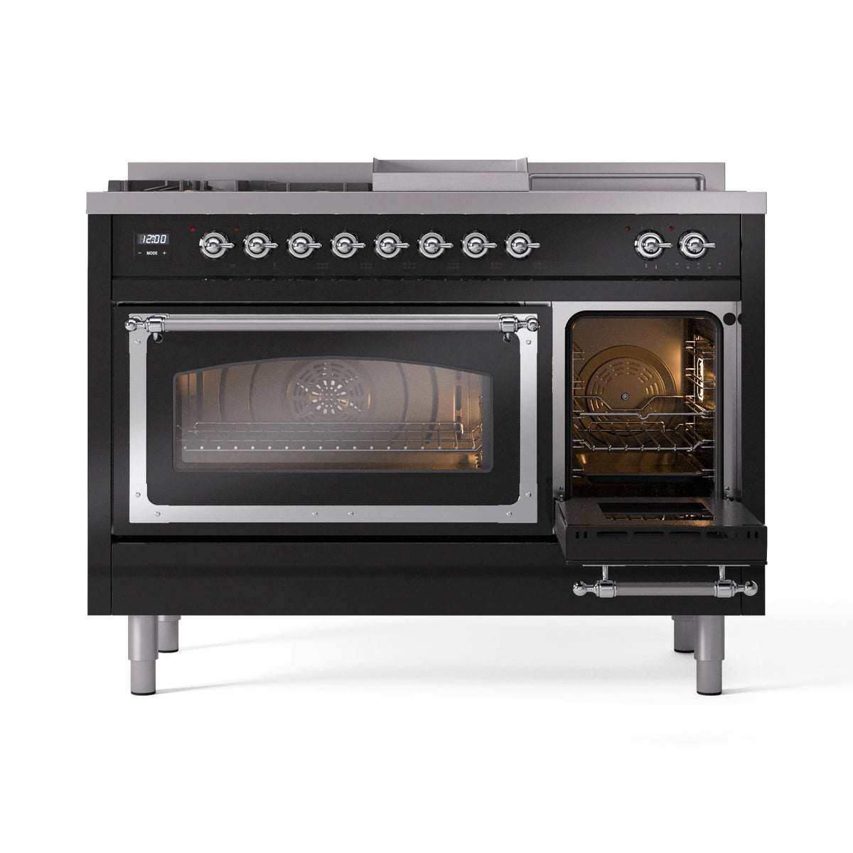 Black dual fuel range with left oven door open and right oven door open
