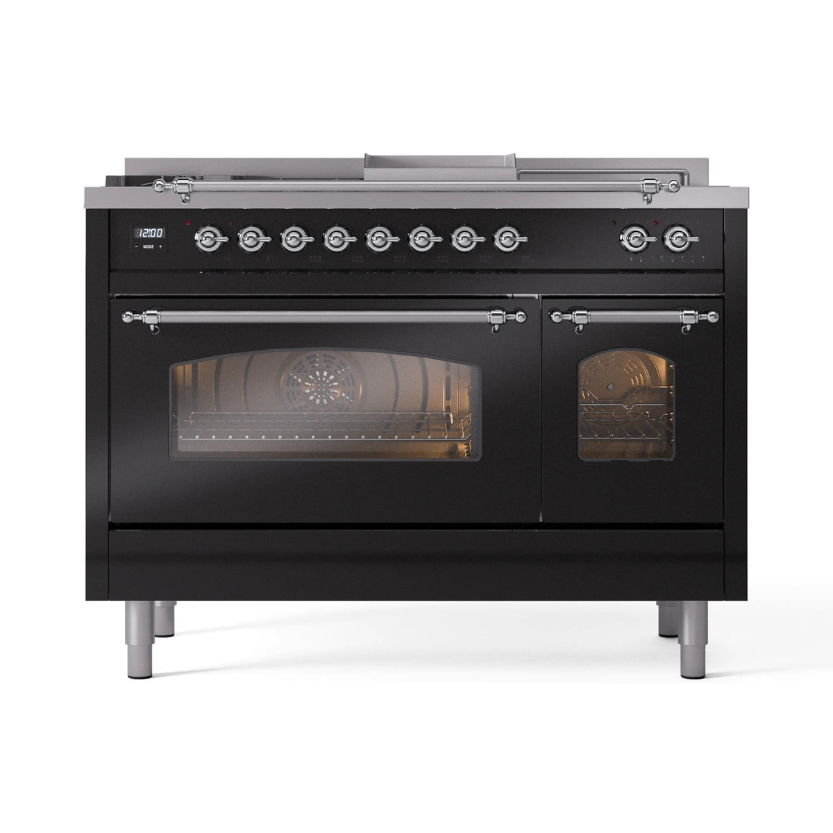 Glossy black range with left oven door open and right oven door closed