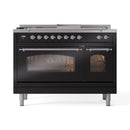 ILVE Nostalgie II 48-Inch Propane Gas Dual Fuel Range with 5 Burners, Griddle, & French Top with Triple Glass Door Oven in Glossy Black with Chrome Trim (UP48FSNMPBKCLP)
