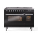 ILVE Nostalgie II 48-Inch Natural Gas Dual Fuel Range with 5 Burners, Griddle, & French Top with Triple Glass Door Oven in Glossy Black with Chrome Trim (UP48FSNMPBKC)