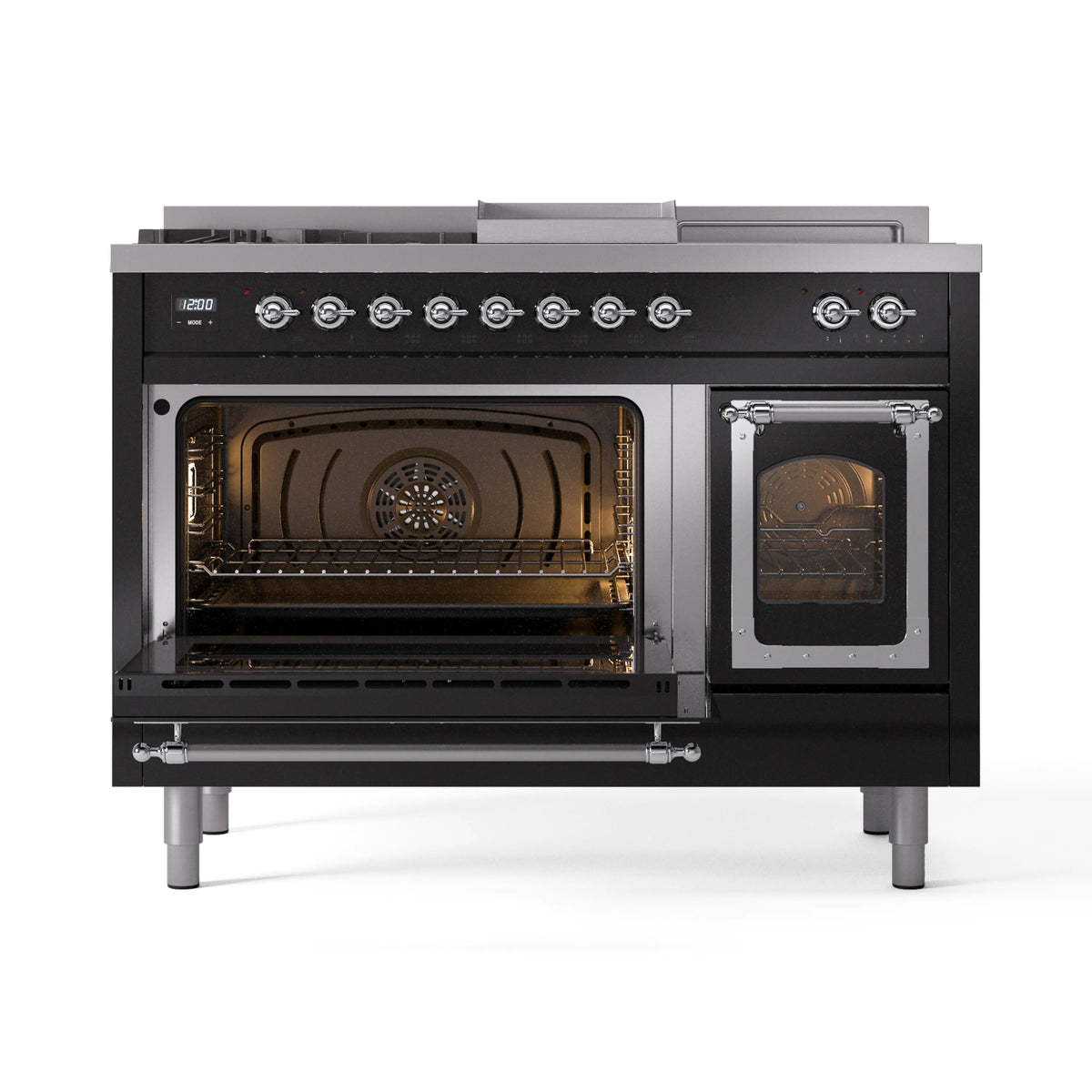 Glossy black dual fuel range with both ovens open, showing interior racks through glass