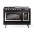 ILVE Nostalgie II Noblesse 48-Inch Propane Gas Dual Fuel Range with 5 Burners, Griddle, & French Top with Triple Glass Door Oven in Glossy Black with Chrome Trim (UN48FSNMPBKCLP)