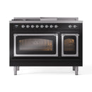 ILVE Nostalgie II Noblesse 48-Inch Natural Gas Dual Fuel Range with 5 Burners, Griddle, & French Top with Triple Glass Door Oven in Glossy Black with Chrome Trim (UN48FSNMPBKC)