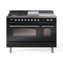 ILVE Nostalgie II 48-Inch Propane Gas Dual Fuel Range with 5 Burners, Griddle, & French Top with Triple Glass Door Oven in Glossy Black with Chrome Trim (UP48FSNMPBKCLP)