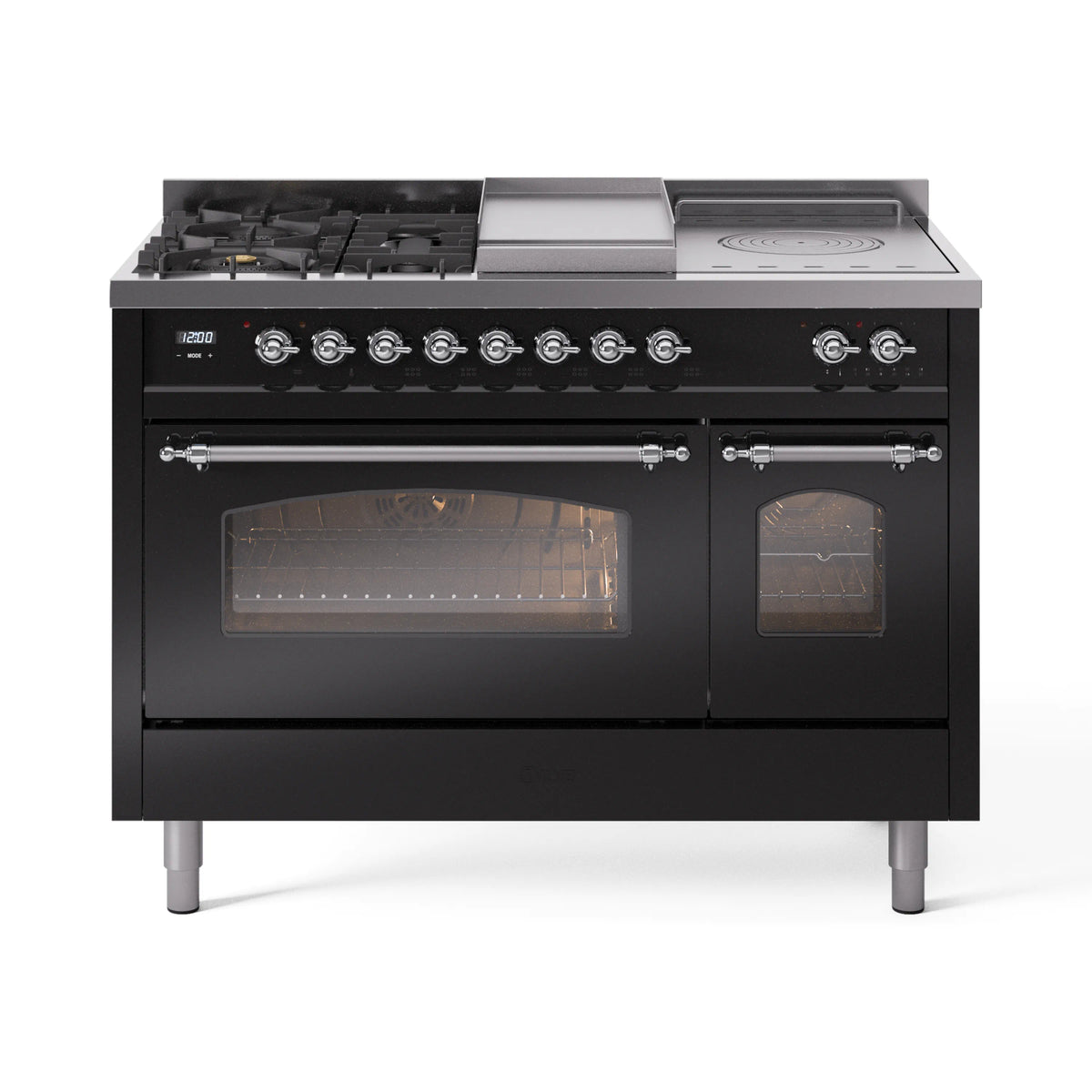 ILVE glossy black dual fuel range with two oven doors and chrome trim