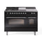 ILVE Nostalgie II 48-Inch Natural Gas Dual Fuel Range with 5 Burners, Griddle, & French Top with Triple Glass Door Oven in Glossy Black with Chrome Trim (UP48FSNMPBKC)