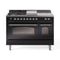 ILVE Nostalgie II 48-Inch Dual Fuel Range with 5 Burners, Griddle, & French Top with Triple Glass Door Oven in Glossy Black with Chrome Trim (UP48FSNMPBKC)