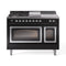ILVE Nostalgie II Noblesse 48-Inch Dual Fuel Range with 5 Burners, Griddle, & French Top with Triple Glass Door Oven in Glossy Black with Chrome Trim (UN48FSNMPBKC)