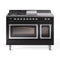 ILVE Nostalgie II Noblesse 48-Inch Natural Gas Dual Fuel Range with 5 Burners, Griddle, & French Top with Triple Glass Door Oven in Glossy Black with Chrome Trim (UN48FSNMPBKC)