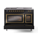 ILVE Nostalgie II Noblesse 48-Inch Natural Gas Dual Fuel Range with 5 Burners, Griddle, & French Top with Triple Glass Door Oven in Glossy Black with Brass Trim (UN48FSNMPBKG)