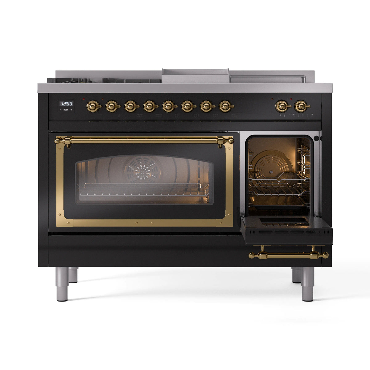 Black range with one oven door open, showing interior racks and brass frame detail.
