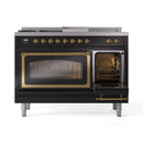 ILVE Nostalgie II Noblesse 48-Inch Natural Gas Dual Fuel Range with 5 Burners, Griddle, & French Top with Triple Glass Door Oven in Glossy Black with Brass Trim (UN48FSNMPBKG)