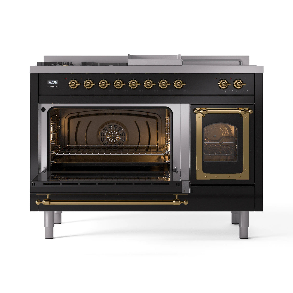 Black range with oven door open, interior visible with broiler and heating element.