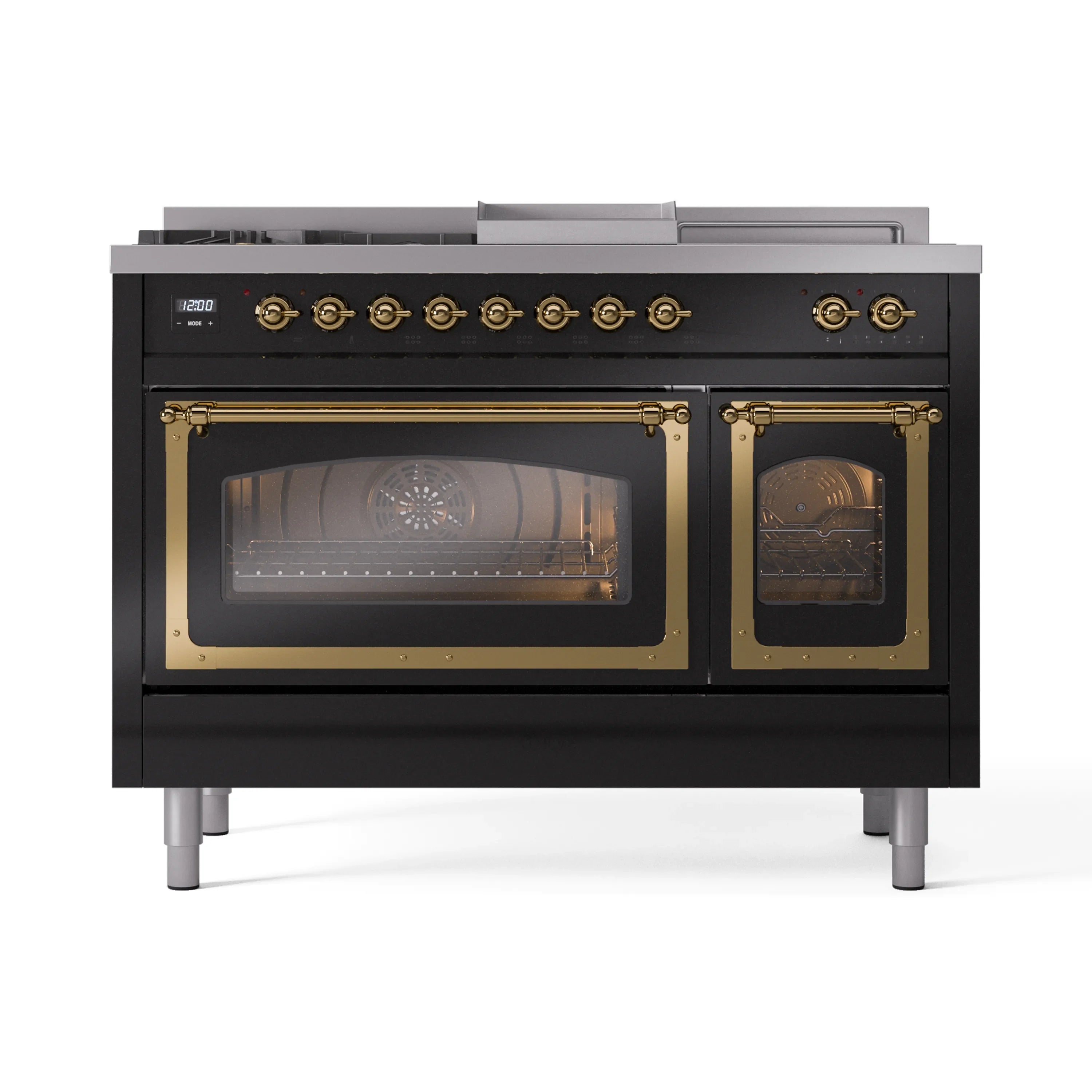 Glossy black dual fuel range with brass control knobs and two glass oven doors