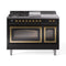 ILVE Nostalgie II Noblesse 48-Inch Natural Gas Dual Fuel Range with 5 Burners, Griddle, & French Top with Triple Glass Door Oven in Glossy Black with Brass Trim (UN48FSNMPBKG)