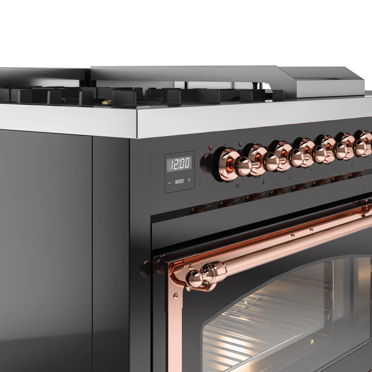 Dual fuel range front controls with copper knobs and digital display, glossy black body
