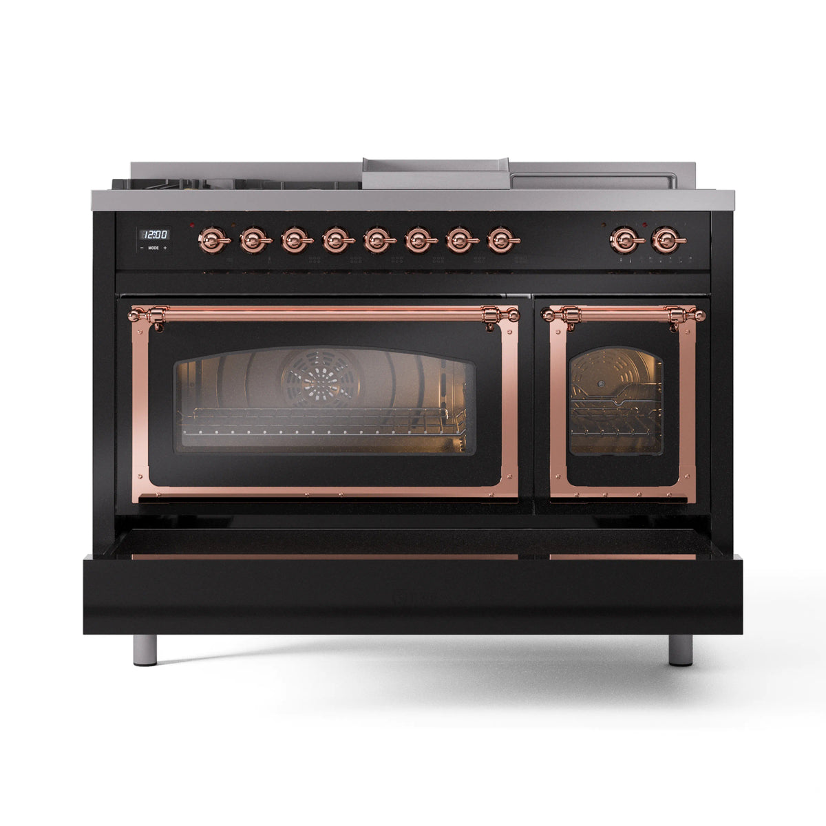 Glossy black range with copper-trim ovens and two glass doors