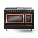 ILVE Nostalgie II Noblesse 48-Inch Natural Gas Dual Fuel Range with 5 Burners, Griddle, & French Top with Triple Glass Door Oven in Glossy Black with Copper Trim (UN48FSNMPBKP)