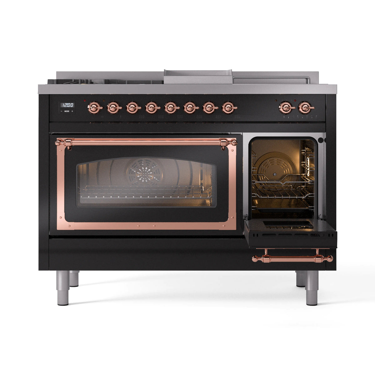 Dual fuel range with two oven doors open, copper handles, black frame and glass windows