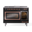 ILVE Nostalgie II Noblesse 48-Inch Propane Gas Dual Fuel Range with 5 Burners, Griddle, & French Top with Triple Glass Door Oven in Glossy Black with Copper Trim (UN48FSNMPBKPLP)