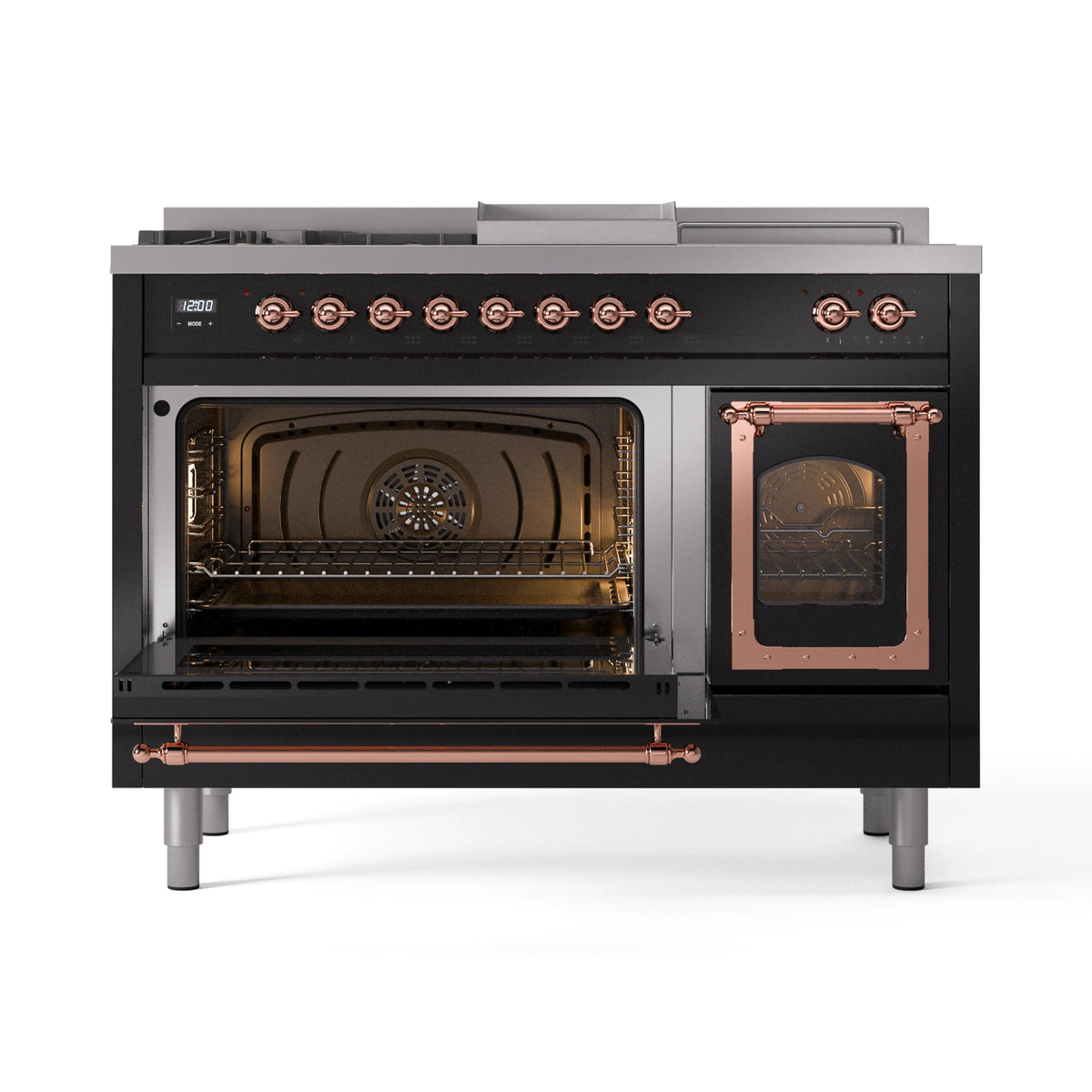 Open ovens on glossy black range with copper trim and visible racks inside