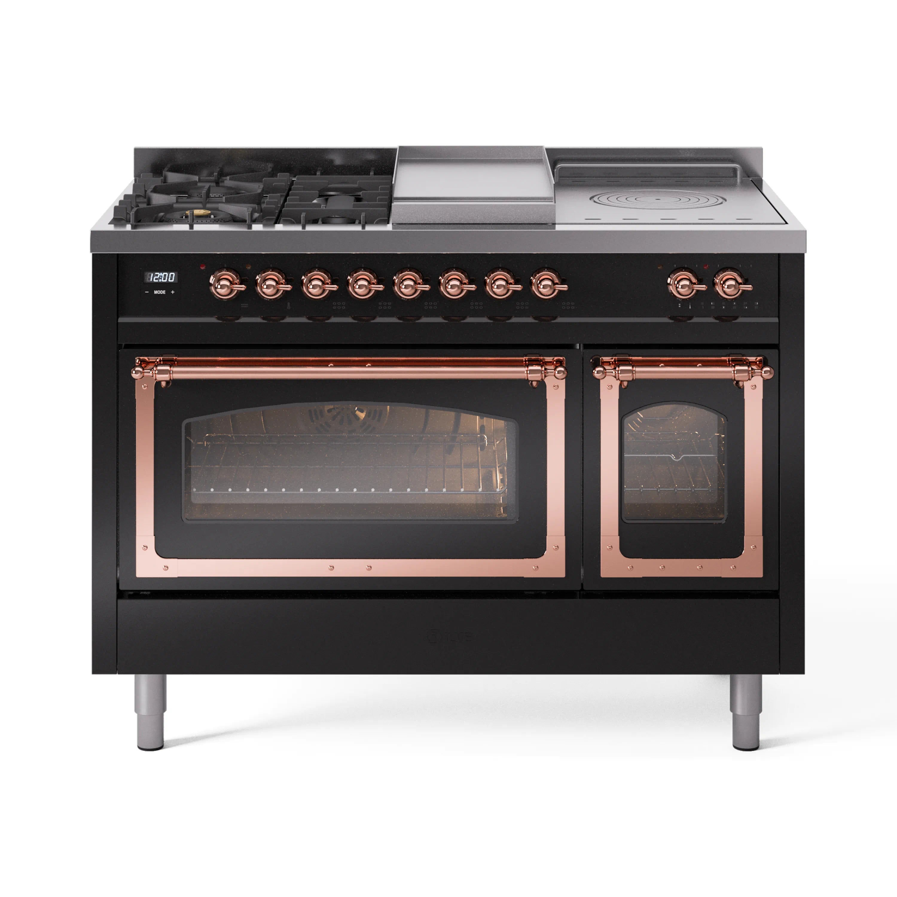 Glossy black dual-fuel range with copper trim, open grates, and dual glass oven doors
