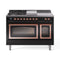 ILVE Nostalgie II Noblesse 48-Inch Dual Fuel Range with 5 Burners, Griddle, & French Top with Triple Glass Door Oven in Glossy Black with Copper Trim (UN48FSNMPBKP)