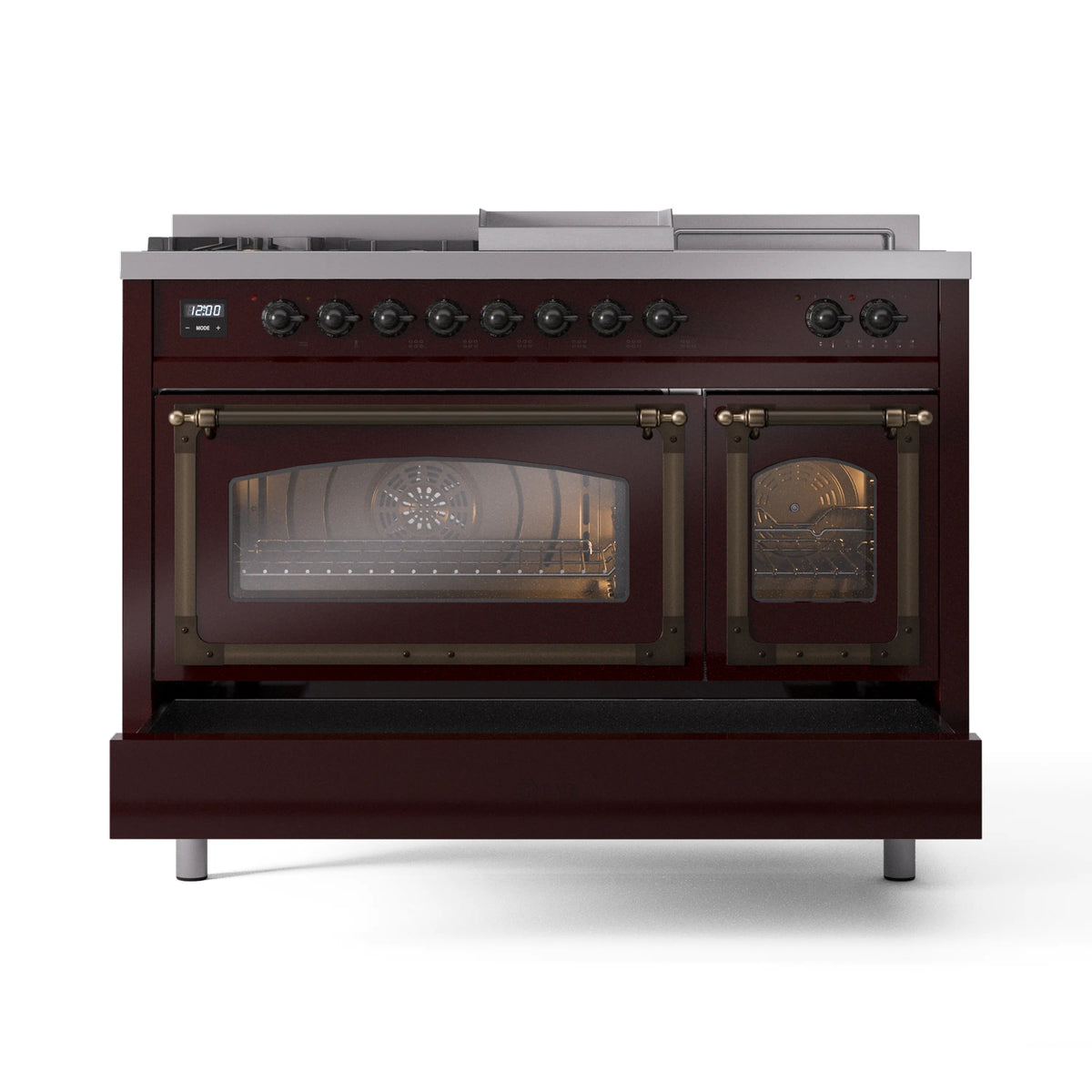 Burgundy dual fuel range with closed double oven doors and bronze-trim control panel