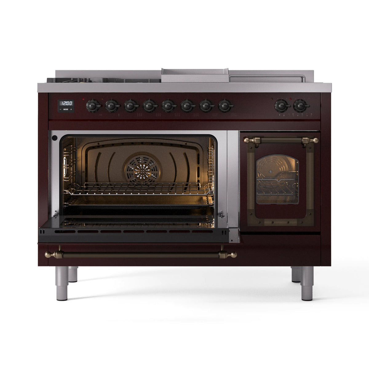 Burgundy dual fuel range with both oven doors open, interior racks and lights