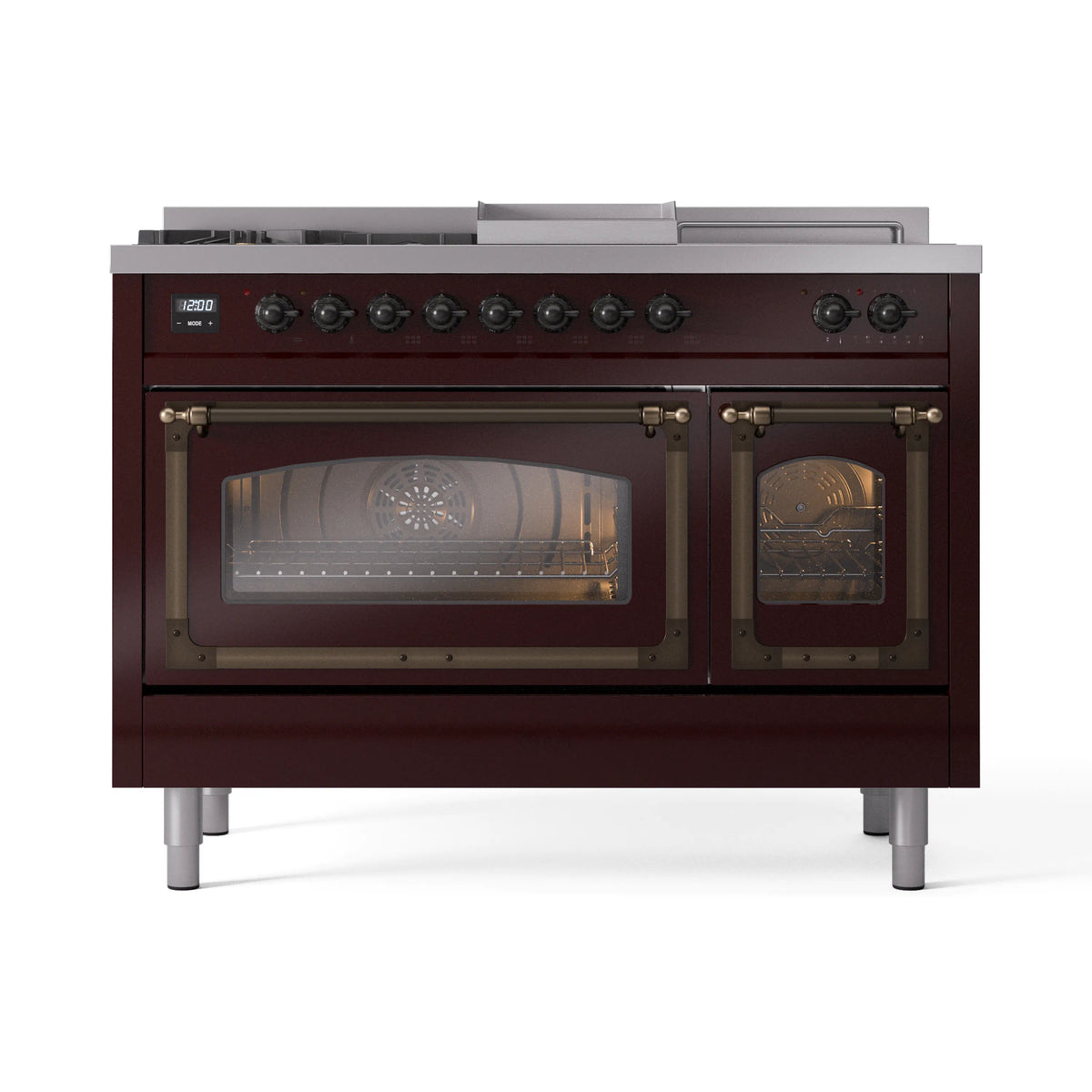 Burgundy dual fuel range with two glass oven doors and front control knobs