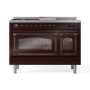 ILVE Nostalgie II Noblesse 48-Inch Natural Gas Dual Fuel Range with 5 Burners, Griddle, & French Top with Triple Glass Door Oven in Burgundy with Bronze Trim (UN48FSNMPBUB)