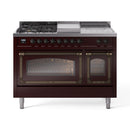 ILVE Nostalgie II Noblesse 48-Inch Propane Gas Dual Fuel Range with 5 Burners, Griddle, & French Top with Triple Glass Door Oven in Burgundy with Bronze Trim (UN48FSNMPBUBLP)