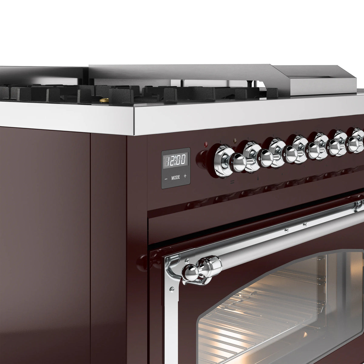 Burgundy dual fuel range control panel with knobs, oven door, and chrome trim