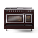 ILVE Nostalgie II Noblesse 48-Inch Propane Gas Dual Fuel Range with 5 Burners, Griddle, & French Top with Triple Glass Door Oven in Burgundy with Chrome Trim (UN48FSNMPBUCLP)