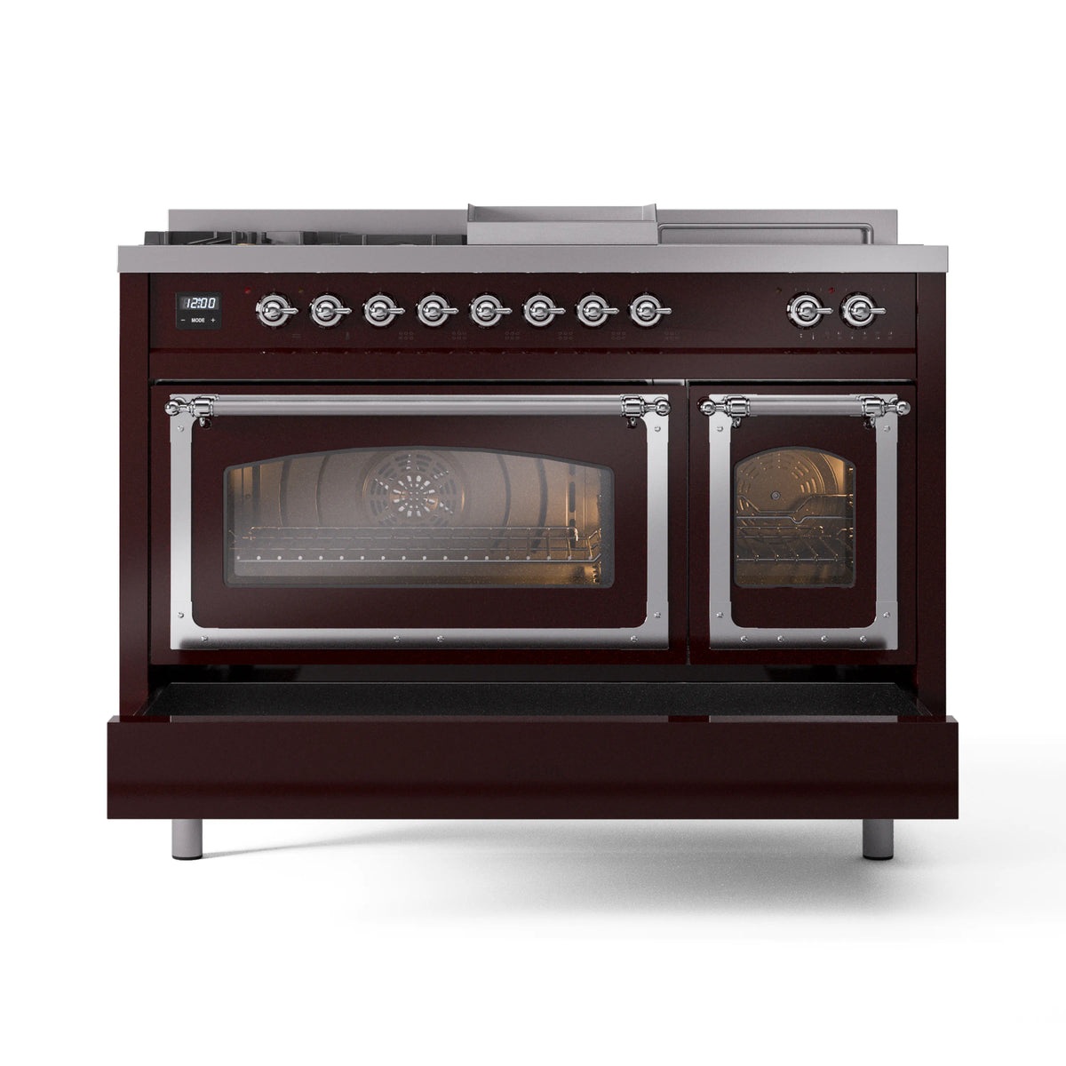 Burgundy dual-fuel range with two glass oven doors and chrome-trimmed griddle area.