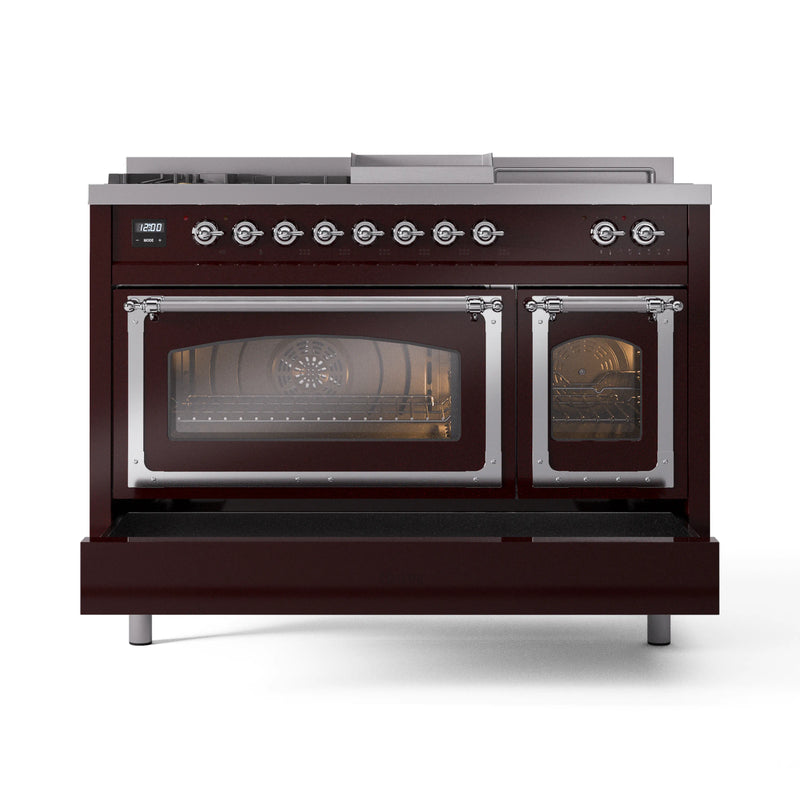 ILVE Nostalgie II Noblesse 48-Inch Dual Fuel Range with 5 Burners, Griddle, & French Top with Triple Glass Door Oven in Burgundy with Chrome Trim (UN48FSNMPBUC)
