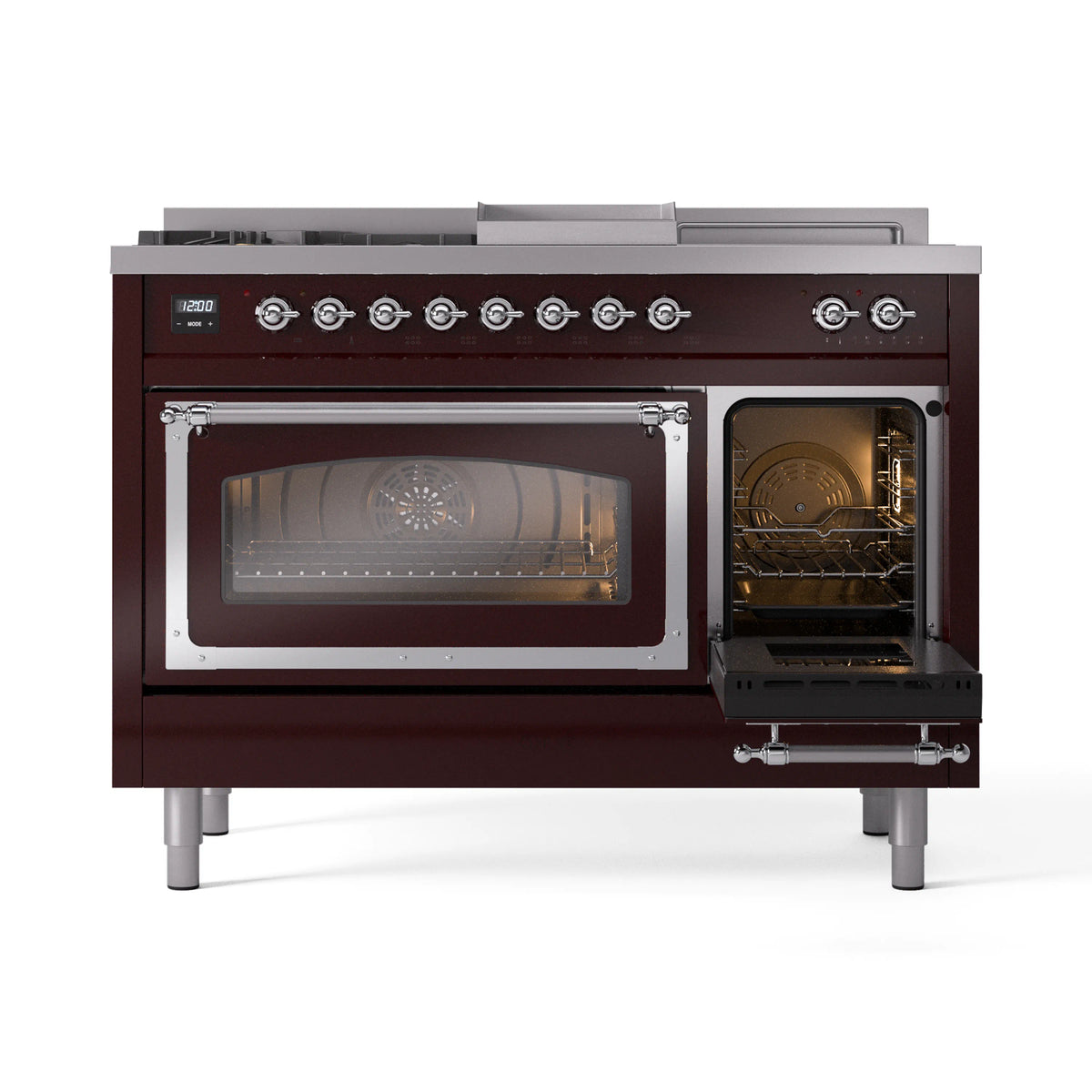 Burgundy dual fuel range with one oven door swung open and chrome trim