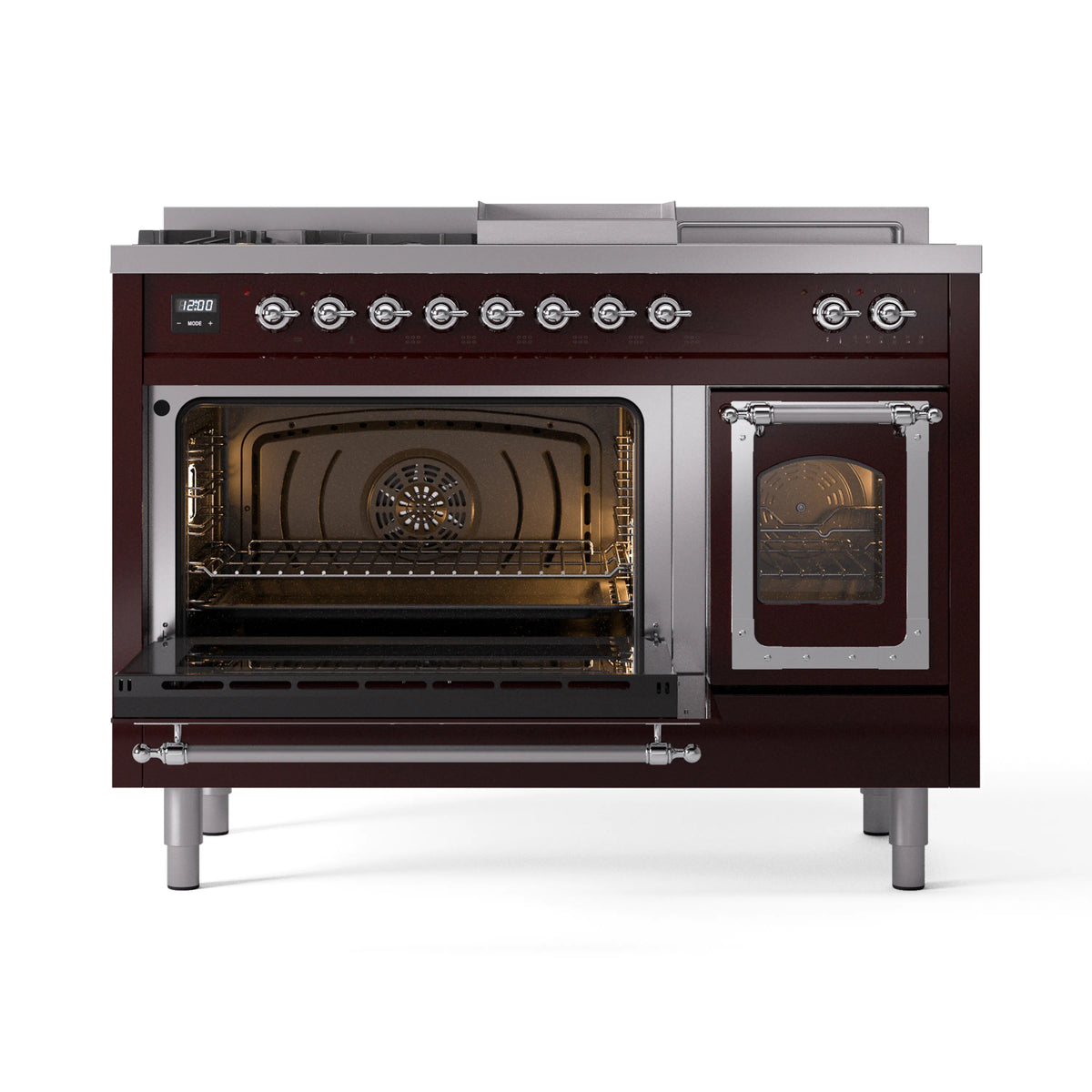 Burgundy dual fuel range with oven interior visible and open right door